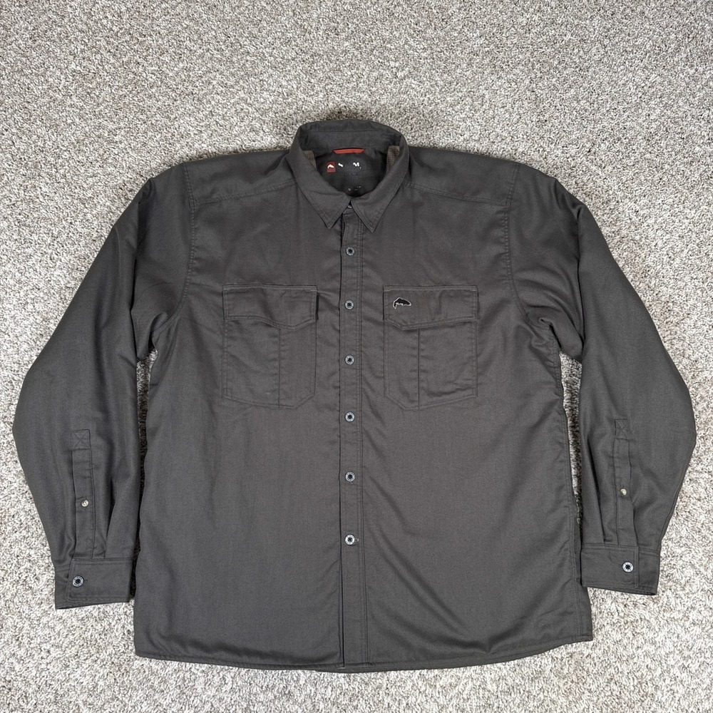 Simms‎ Shirt Mens XL Brown Gray Guide Fleece Lined Fishing Outdoor Button Up